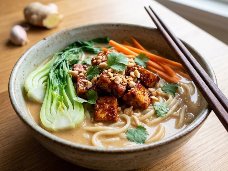 Cremiger Peanut Butter Ramen mit knusprigem Tofu