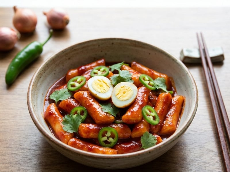 Pikante Tteokbokki mit Wachteleiern und Jalapeño