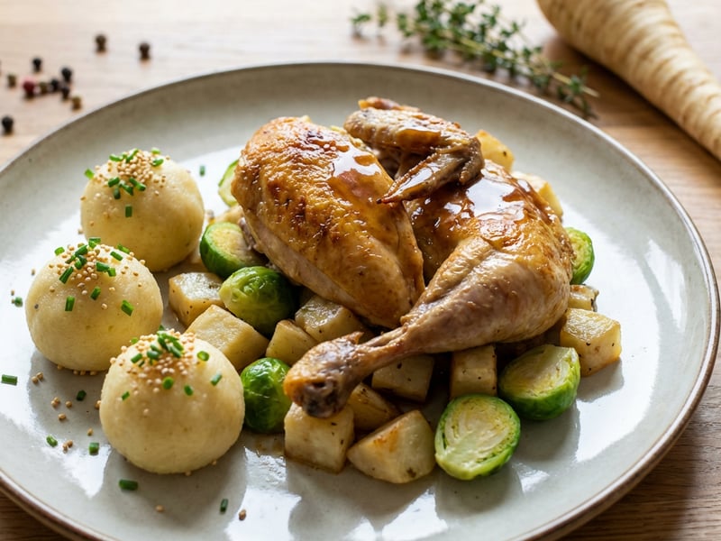 Whole Guinea Fowl with Roasted Parsley Root and Small Semolina Dumplings