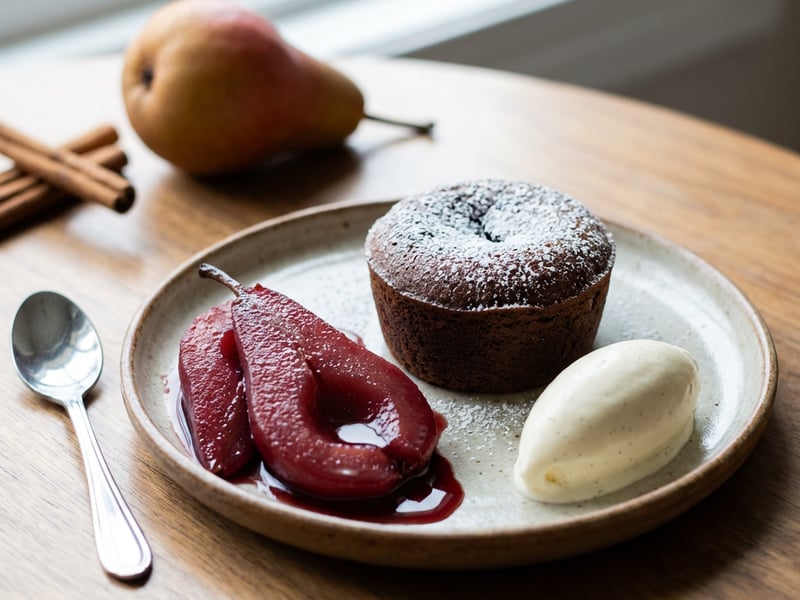 Warm Chocolate Cake with Red Wine Pear and Vanilla Ice Cream