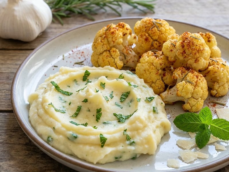 Knoblauch-Kartoffelstampf mit Minze und geröstetem Blumenkohl