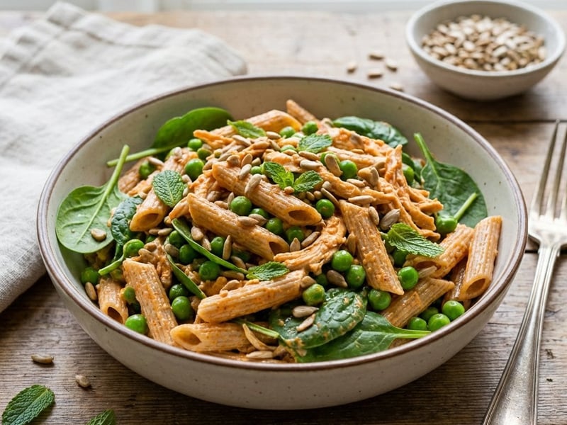 Hähnchen-Nudelsalat mit Paprika-Dressing