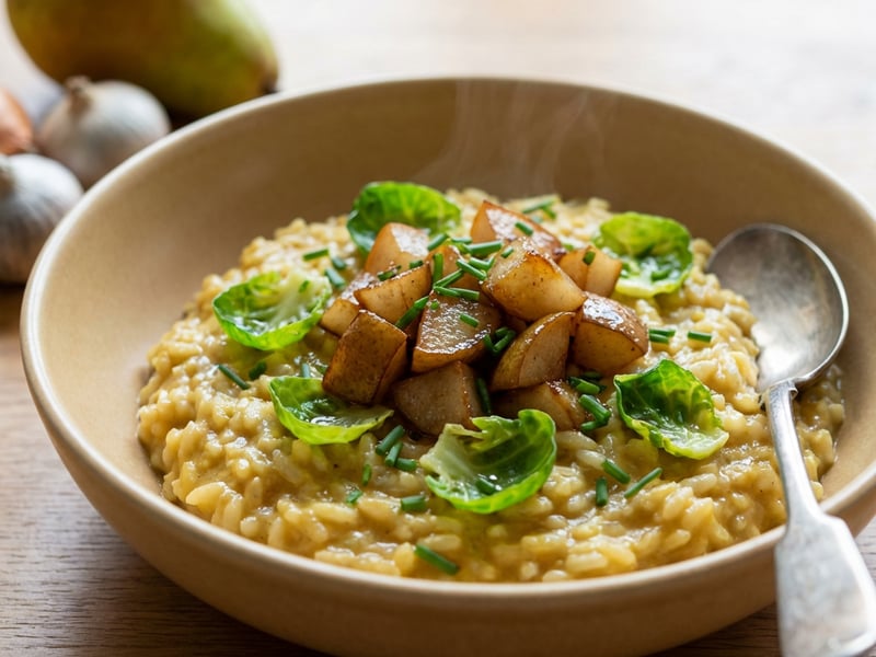 Creamy Risotto with Fried Pear, Curry, and Brussels Sprouts