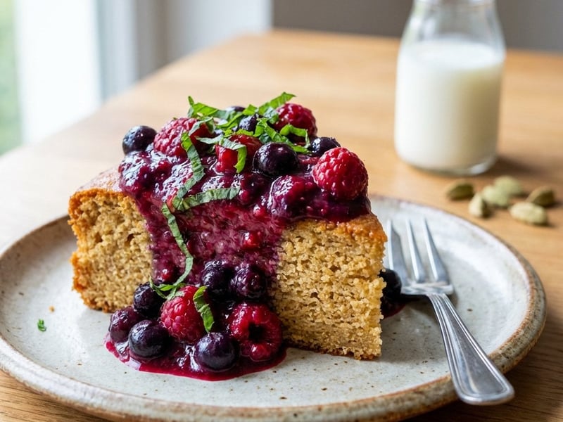 Saftiger Kefirkuchen mit Waldbeeren-Kompott