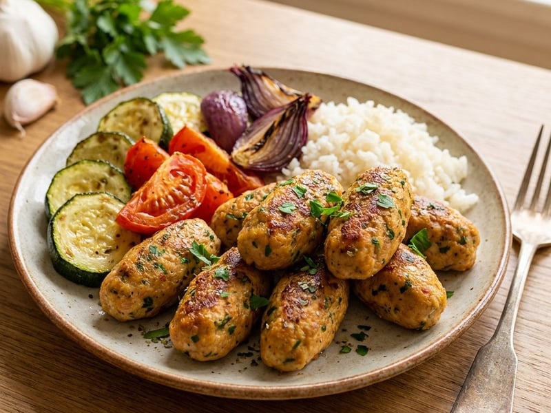Turkey Koftas with Roasted Vegetables and Brown Rice