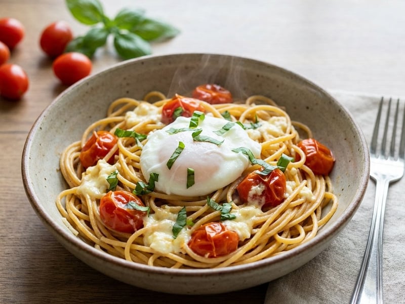 Vollkornspaghetti mit Ofentomaten, Feta und pochiertem Ei