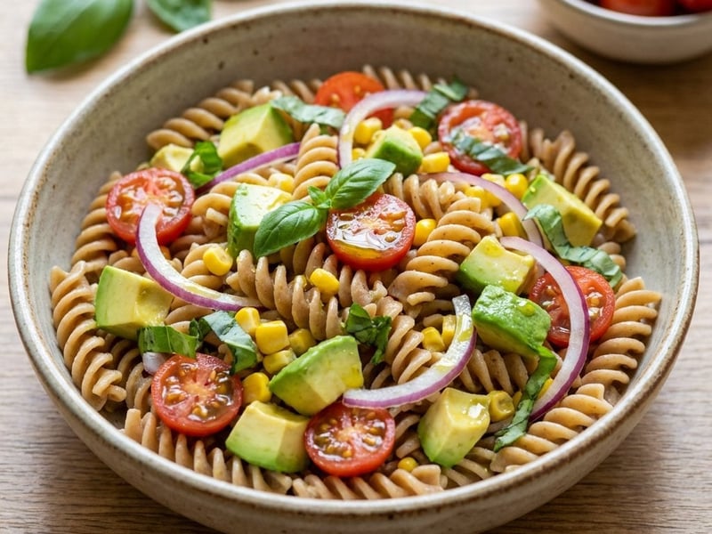 Frischer Nudelsalat mit Avocado und Mais