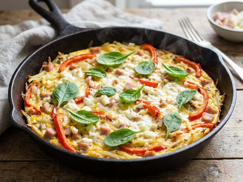 Herzhafte Frühstückspfanne mit geriebenen Kartoffeln