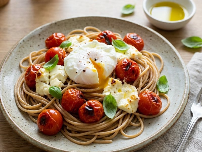 Vollkornspaghetti mit gerösteten Tomaten, Feta und pochiertem Ei