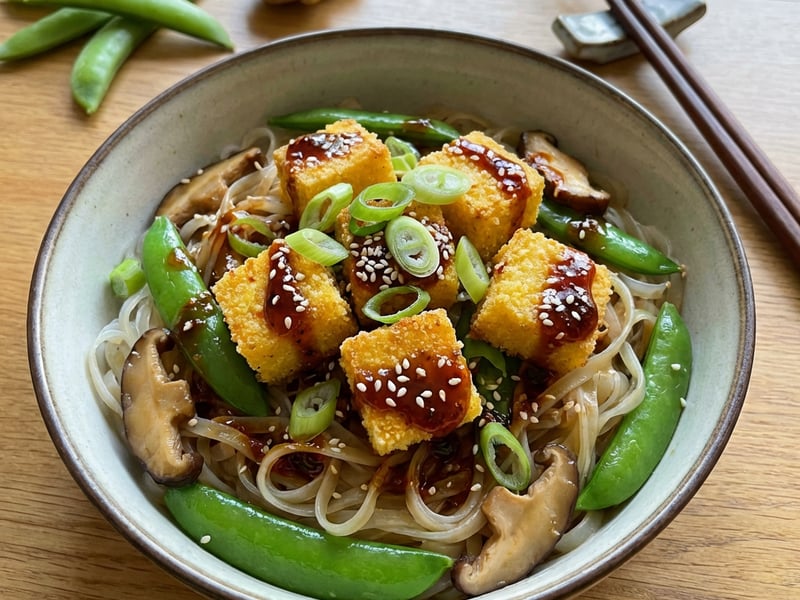 Crispy Tofu with Chili-Sesame Sauce and Rice Noodles