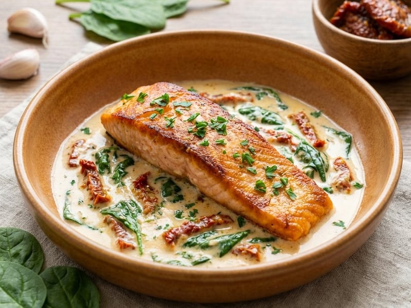 Salmon in creamy sauce with dried tomatoes