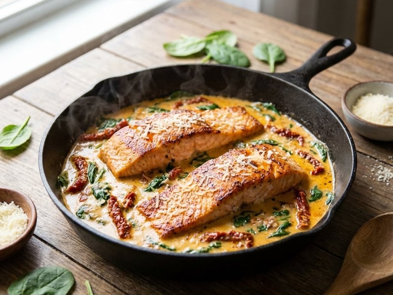 Salmon in creamy sauce with dried tomatoes
