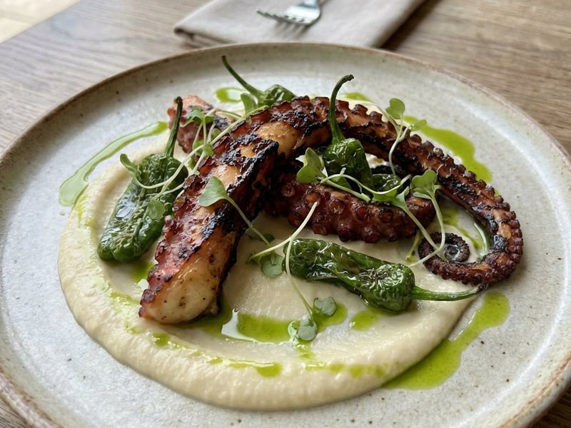 Grilled Octopus with Cauliflower Puree and Padrón Peppers