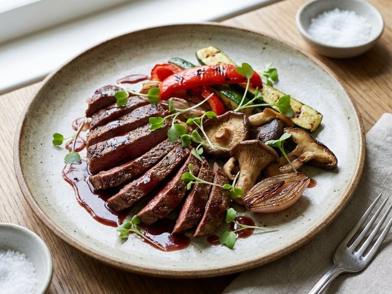 Straußensteak mit Pilzen, Gemüse und karamellisierten Schalotten
