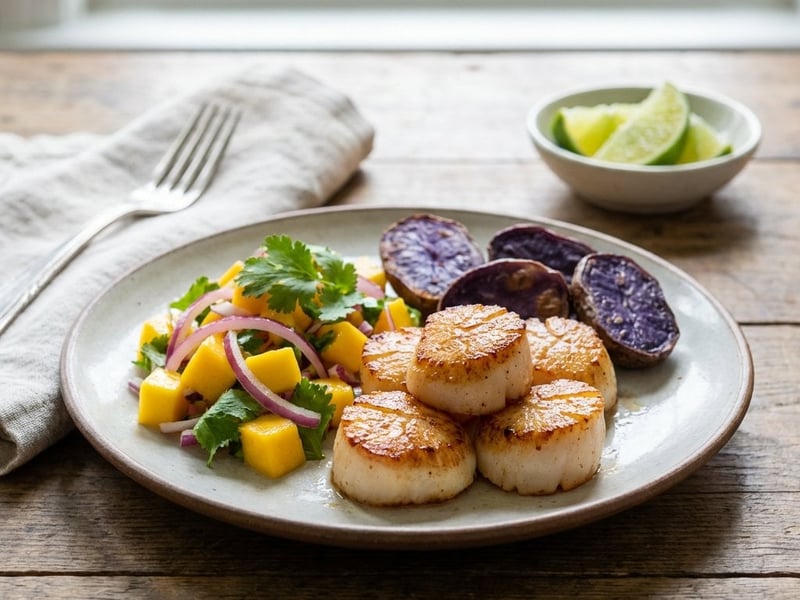 Jakobsmuscheln mit Mangosalat und lila Kartoffeln