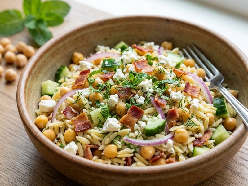 Greek Orzo Salad with Chickpeas and Bacon