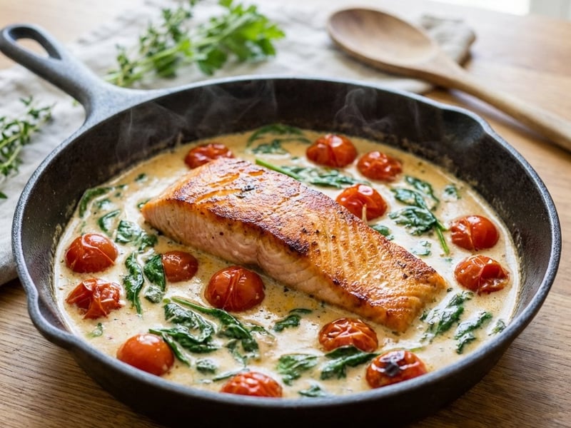 Lachs in cremiger Sauce mit Spinat und Tomaten