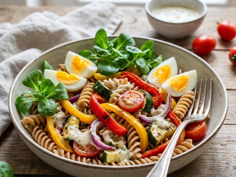 Whole Wheat Pasta Salad with Roasted Vegetables & Garlic Dressing
