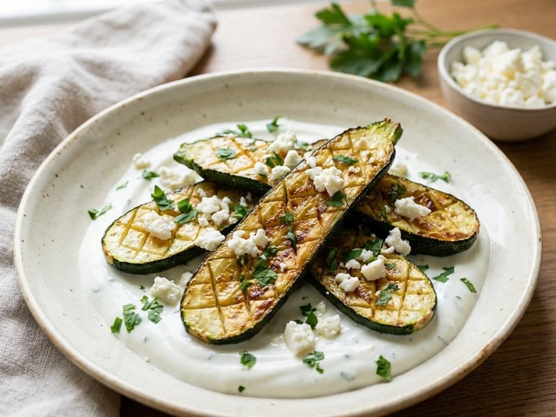 Karamellisierte Zucchini mit Kräuter-Feta-Dip