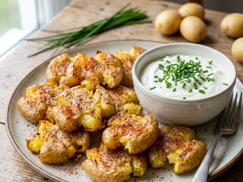 Crispy Smashed Potatoes with Chive Dip