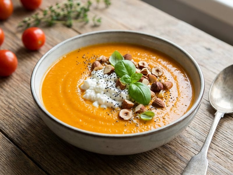 Geröstete Gemüsesuppe mit Hüttenkäse