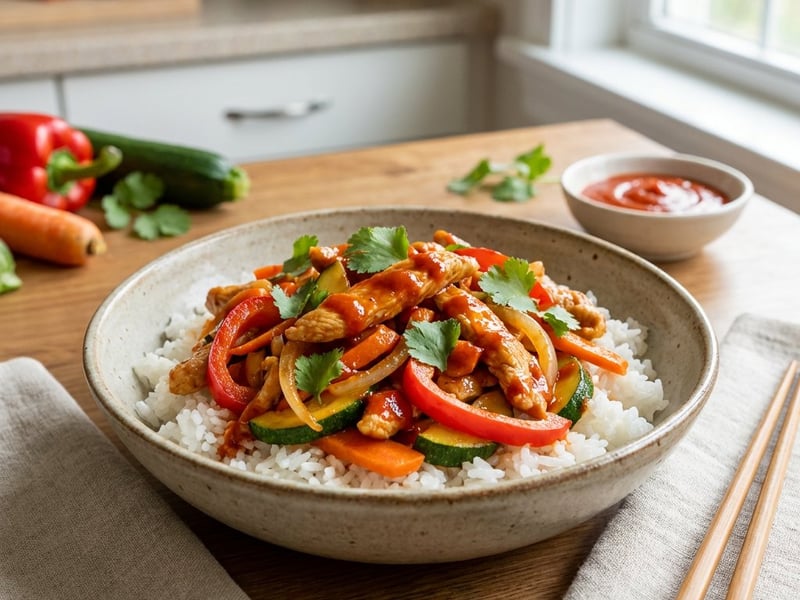 Pikante Putenstreifen mit Sriracha-Sauce und Gemüse