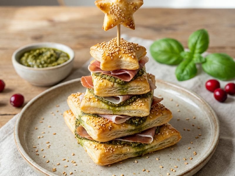 Puff Pastry Christmas Trees with Prosciutto and Pesto