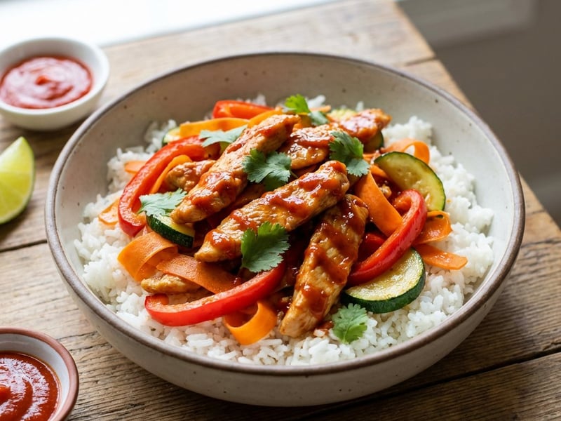Pikante Putenstreifen mit Sriracha-Sauce und Gemüse