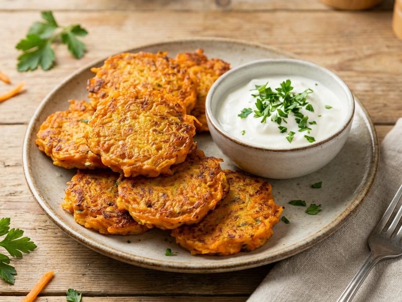 Knusprige Karottenpuffer | Mit cremigem Knoblauch-Quark-Dip