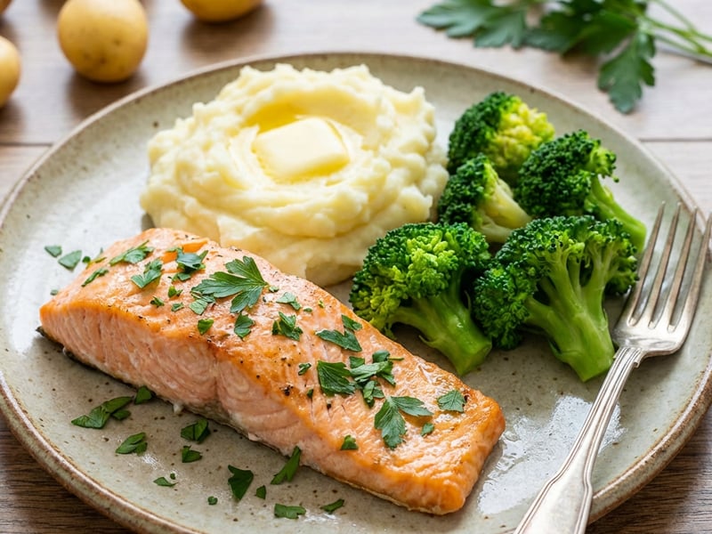 Fish with Mashed Potatoes and Broccoli