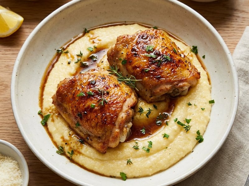 Crispy Chicken Thighs | Burnt Lemon Jus & Polenta