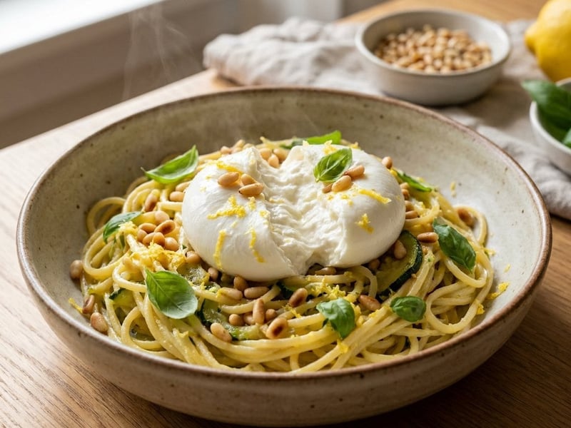 Zitronen-Zucchini-Pasta mit Burrata | Schnelles Abendessen