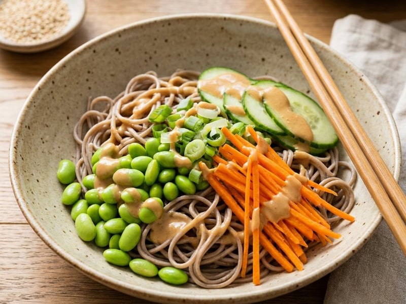 Sommerliche Soba-Nudel-Bowl mit Sesam-Erdnuss-Dressing