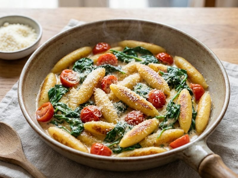 Cremige Schupfnudelpfanne mit Spinat & Kirschtomaten