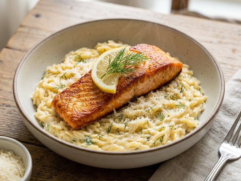 Creamy Lemon Orzo with Crispy Salmon | Weeknight Cooking
