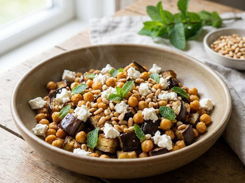 Gerösteter Auberginen-Kichererbsen-Salat mit Feta | Sommerliche Feierabendküche