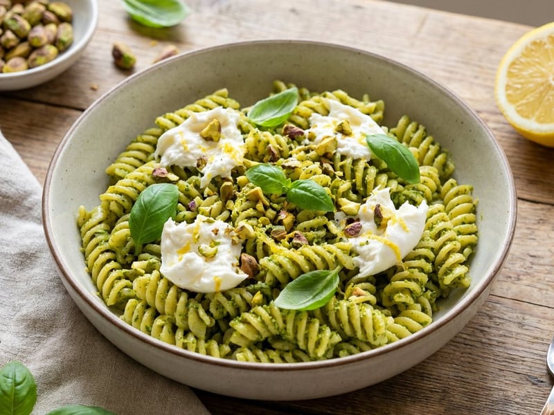 Zitronen-Fusilli mit Pistazien-Pesto & Stracciatella