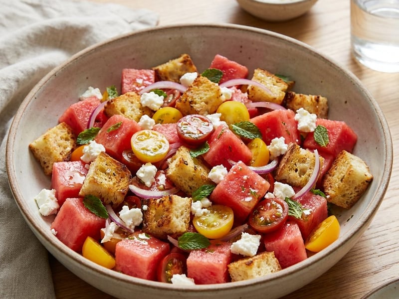 Wassermelonen-Panzanella mit Feta | Frischer Sommer-Brotsalat