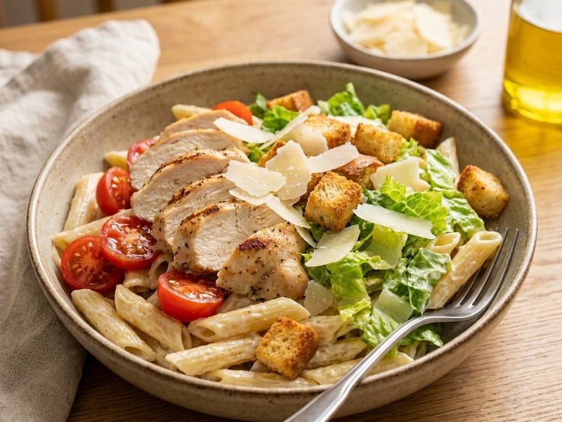 Cremiger Caesar Nudelsalat mit Hähnchen | Feierabendküche
