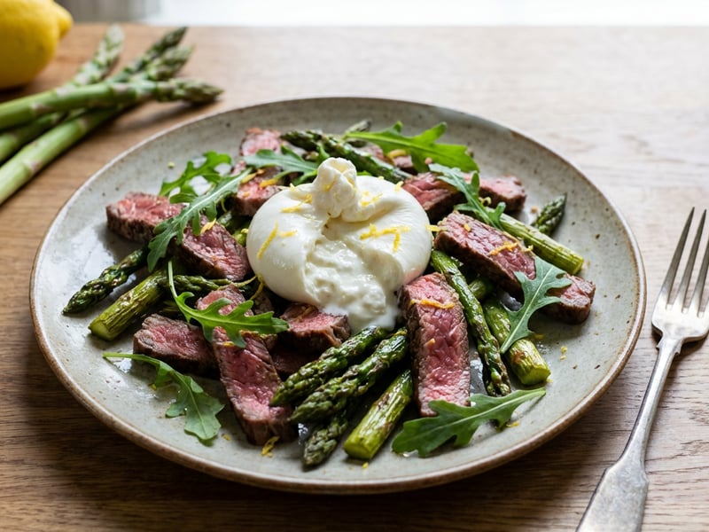 Roasted Green Asparagus with Beef Steak Strips and Burrata