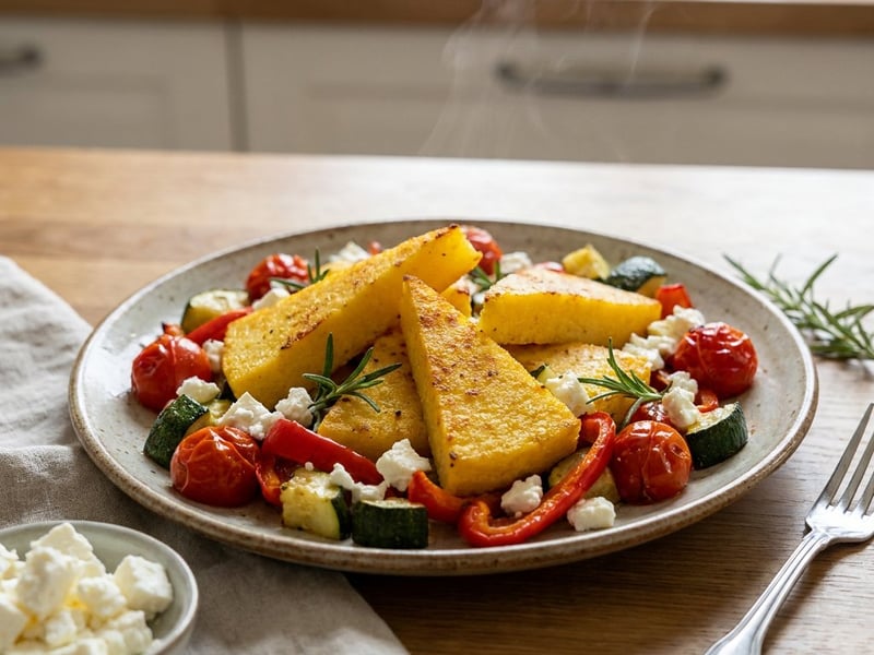 Knusprige Polenta-Ecken mit mediterranem Ofengemüse