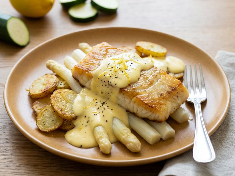 Cod Fillet with White Asparagus and Hollandaise Sauce