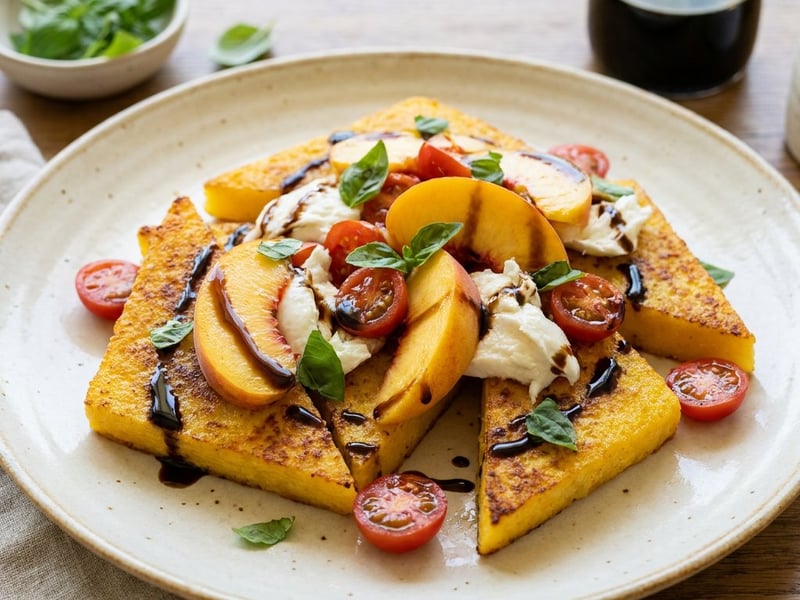 Knusprige Polenta-Ecken mit Pfirsich-Caprese | Sommergenuss