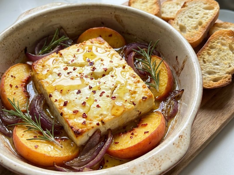 Gebackener Feta mit Pfirsichen & Rosmarin | Schneller Sommergenuss