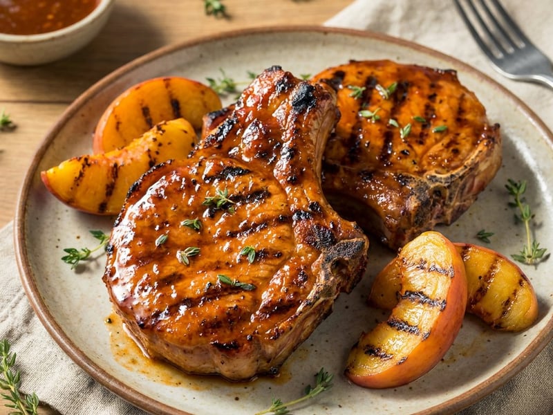 Grilled pork chops with peach BBQ glaze