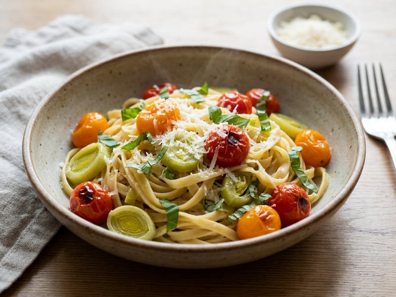 Pasta with Braised Leek and Cherry Tomatoes | Delicate Aroma