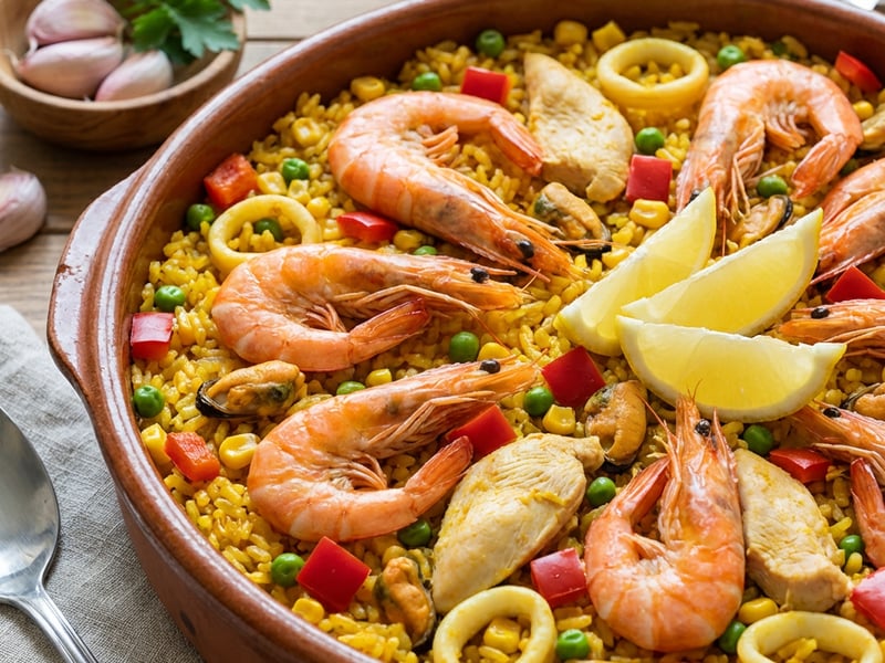 Paella mit Meeresfrüchten und Hähnchen