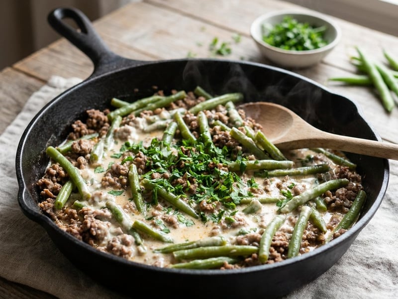 Green Bean and Minced Meat Skillet with Sour Cream | Quick Home Cooking