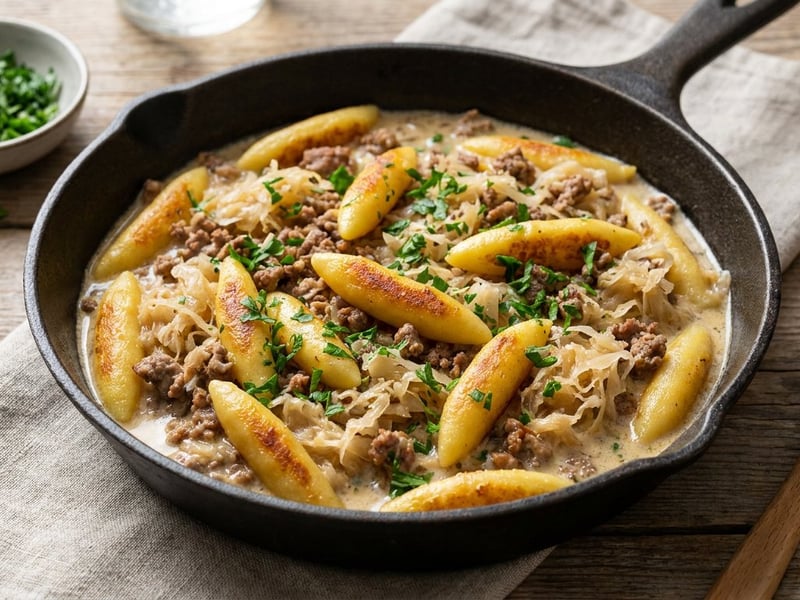Sauerkraut and Minced Meat Skillet with Schupfnudeln | Hearty & quick