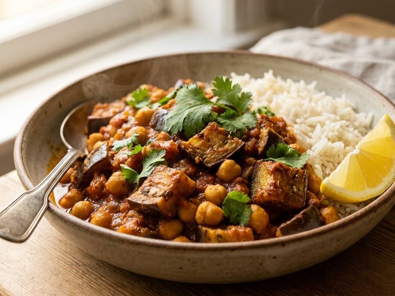 Indian Aubergine & Chickpea Curry | Baingan Chana Masala